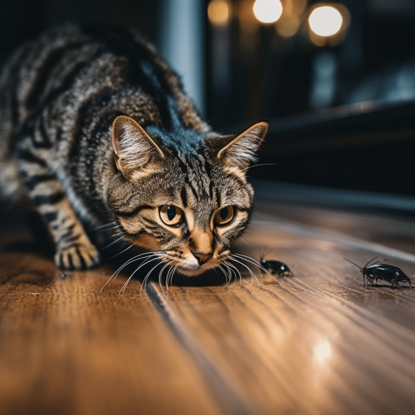 Cats play with roaches