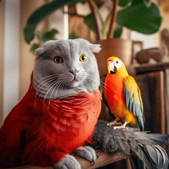 adult cat and new parrot